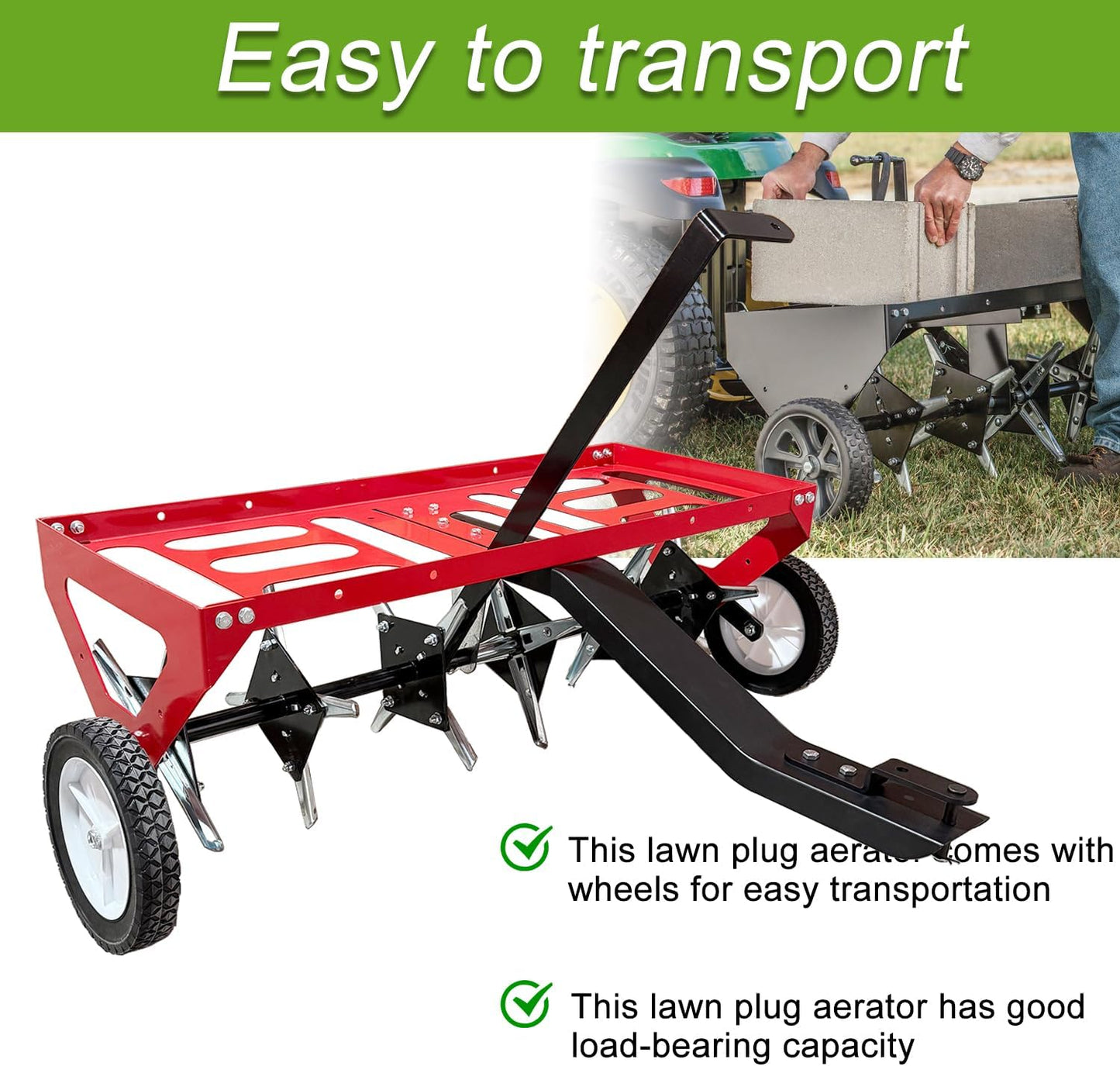 kerlista Tow Behind Lawn Plug Aerator and Heavy Duty Lawn Aerator for Tractors Ride-On Mowers and ATVs and Durable Steel Construction 40-Inch Working Width 3-Inch Spike Depth-Red