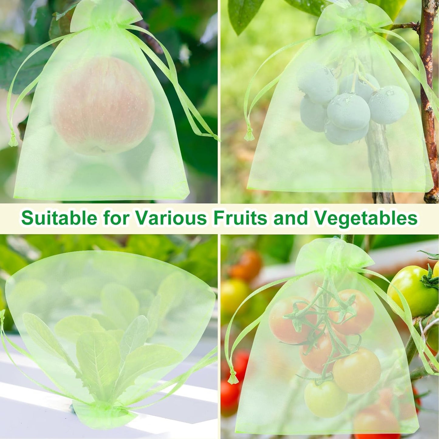 CHRORINE 60Pcs Fruit Protection Bags 8×12 Inch, Fruit Netting Mesh Bags for Fruit Trees, Reusable Garden Netting Bags with Drawstring, Light Green