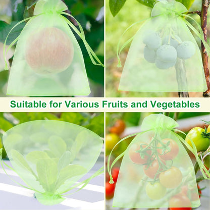 CHRORINE 60Pcs Fruit Protection Bags 8×12 Inch, Fruit Netting Mesh Bags for Fruit Trees, Reusable Garden Netting Bags with Drawstring, Light Green
