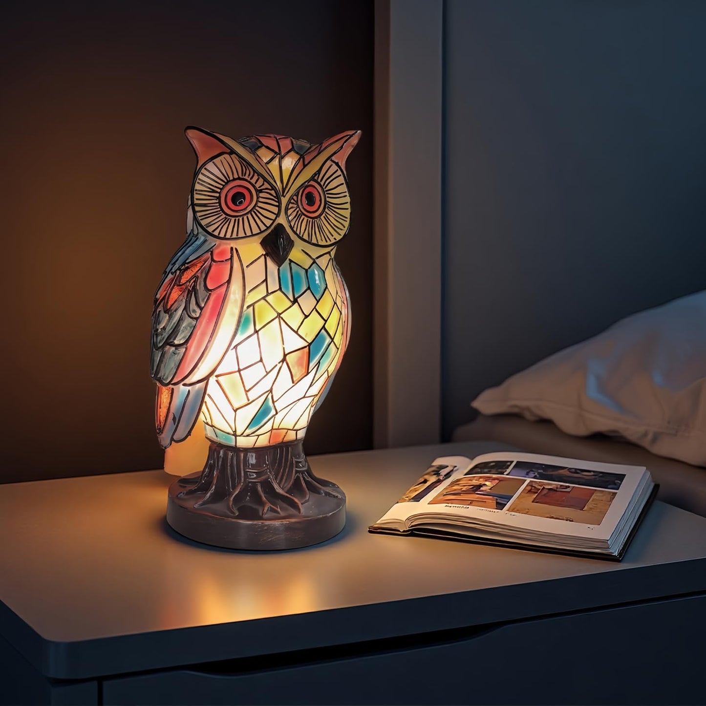 Tiffany Style Owl Table Lamps - Hand-Drawn Vintage Resin Colorful Tiffany Owl Lamp for Bedroom Living Room Nursery Office, Whimsical Animal Desk Lamp, Unique Gift for Mom.
