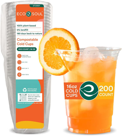 ECO SOUL 100% Compostable, Disposable Party Cups | Eco-friendly Party Cups | (200 Count, 16 oz Cold Cups)