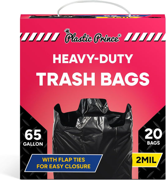 64-65 Gallon Trash Bags Heavy Duty with Flap Ties Extra Large Garbage Bags 2 Mil Outdoor Trash Bags