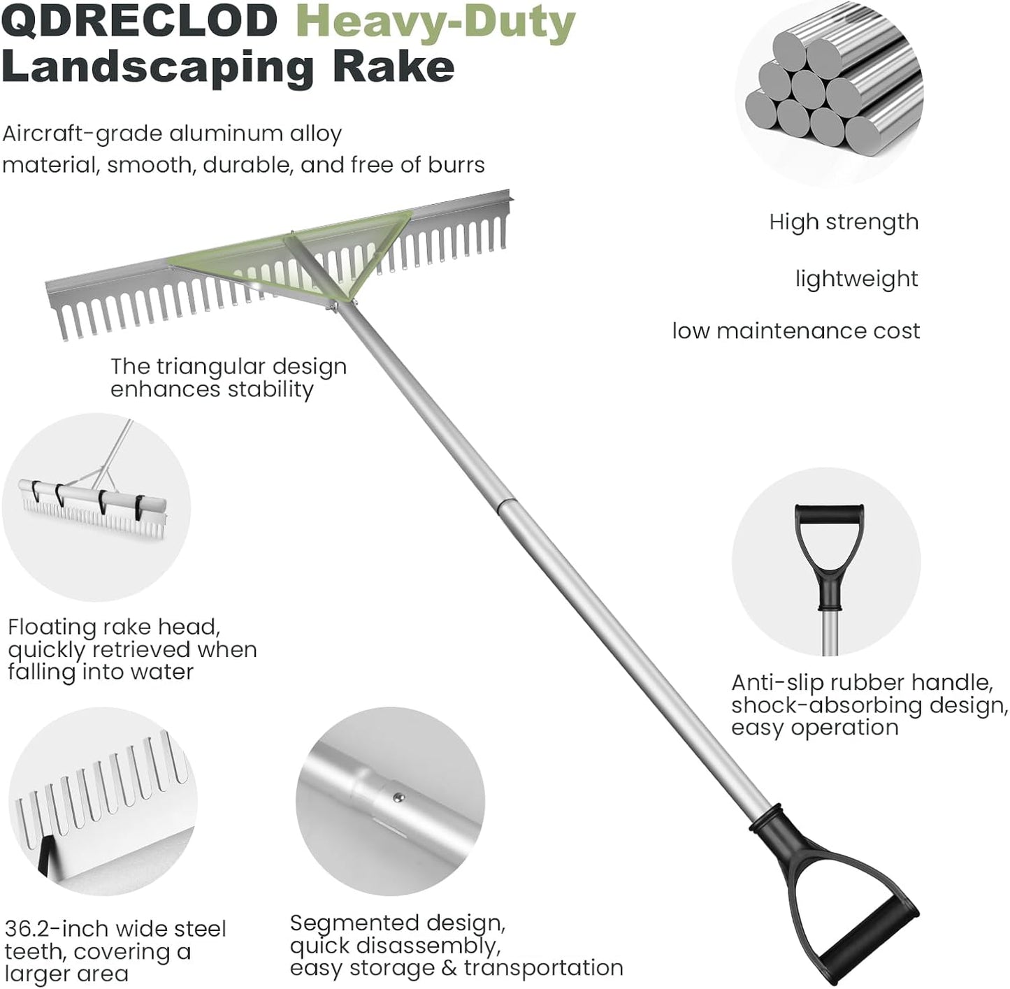 Landscape Rake, 36" Aluminum Heavy Duty Lake Weed Rake, Multifunctional Detachable Aquatic with 102'' Extension Handle & 20Ft Rope, for Weed Algae Removal Loosening Soil Lawn Garden Care