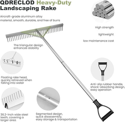Landscape Rake, 36" Aluminum Heavy Duty Lake Weed Rake, Multifunctional Detachable Aquatic with 67'' Extension Handle & 20Ft Rope, for Weed Algae Removal Loosening Soil Lawn Garden Care