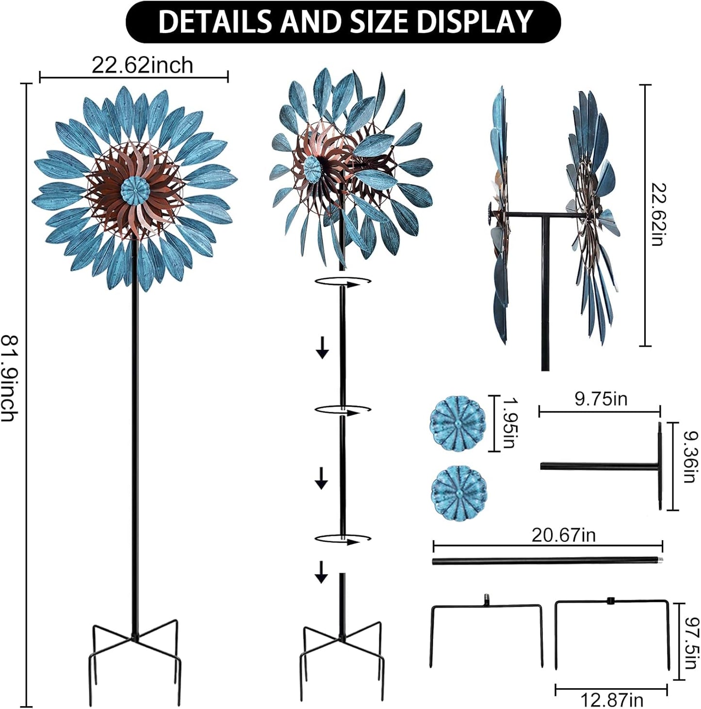 Garden Wind Spinners 360°, Outdoor Metal Windmill Yard Spinners Large 84 in Height 22 in Dia Dual Direction Dual Rotors Wind with Kinetic, Wind Spinner Outdoor Clearance for Yard and Garden Art Decor