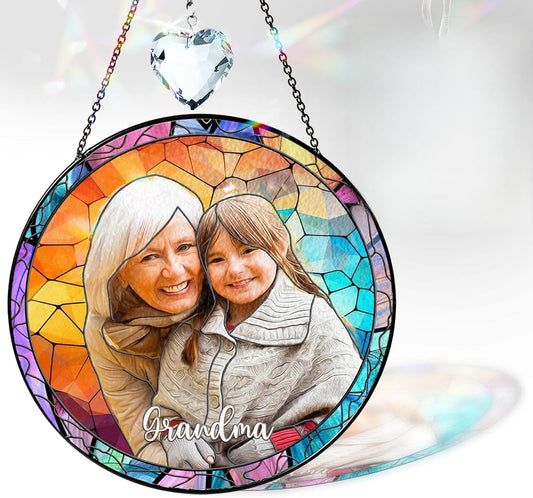 Personalized Grandma Stained Glass Suncatcher, Photo Family Faux Stained Glass Window Hanging