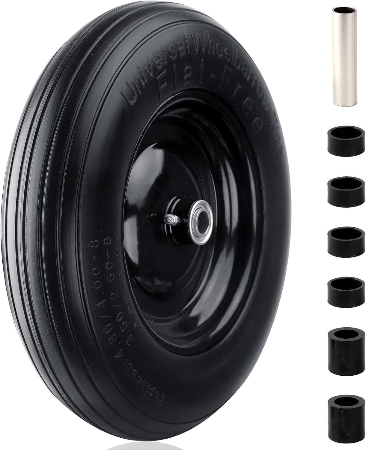 RRQ 4.80/4.00-8 Tire Flat Free, 14.5" Solid Wheelbarrow Tire with 3" Centered Hub and 3/4" Bearings(Comes with 5/8" ID Iron Tube Adapter), Universal Fit 4.80-8, 4.00-6, 3.50/2.50-8 Wheelbarrow Wheels