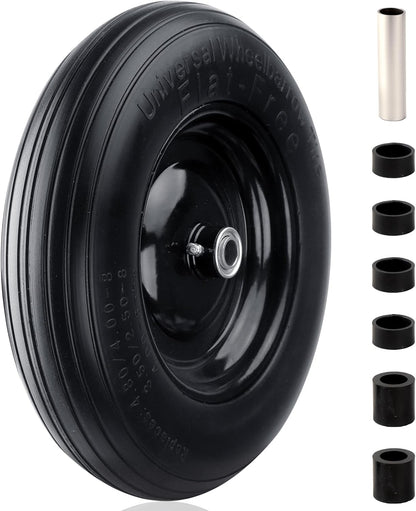 RRQ 4.80/4.00-8 Tire Flat Free, 14.5" Solid Wheelbarrow Tire with 3" Centered Hub and 3/4" Bearings(Comes with 5/8" ID Iron Tube Adapter), Universal Fit 4.80-8, 4.00-6, 3.50/2.50-8 Wheelbarrow Wheels