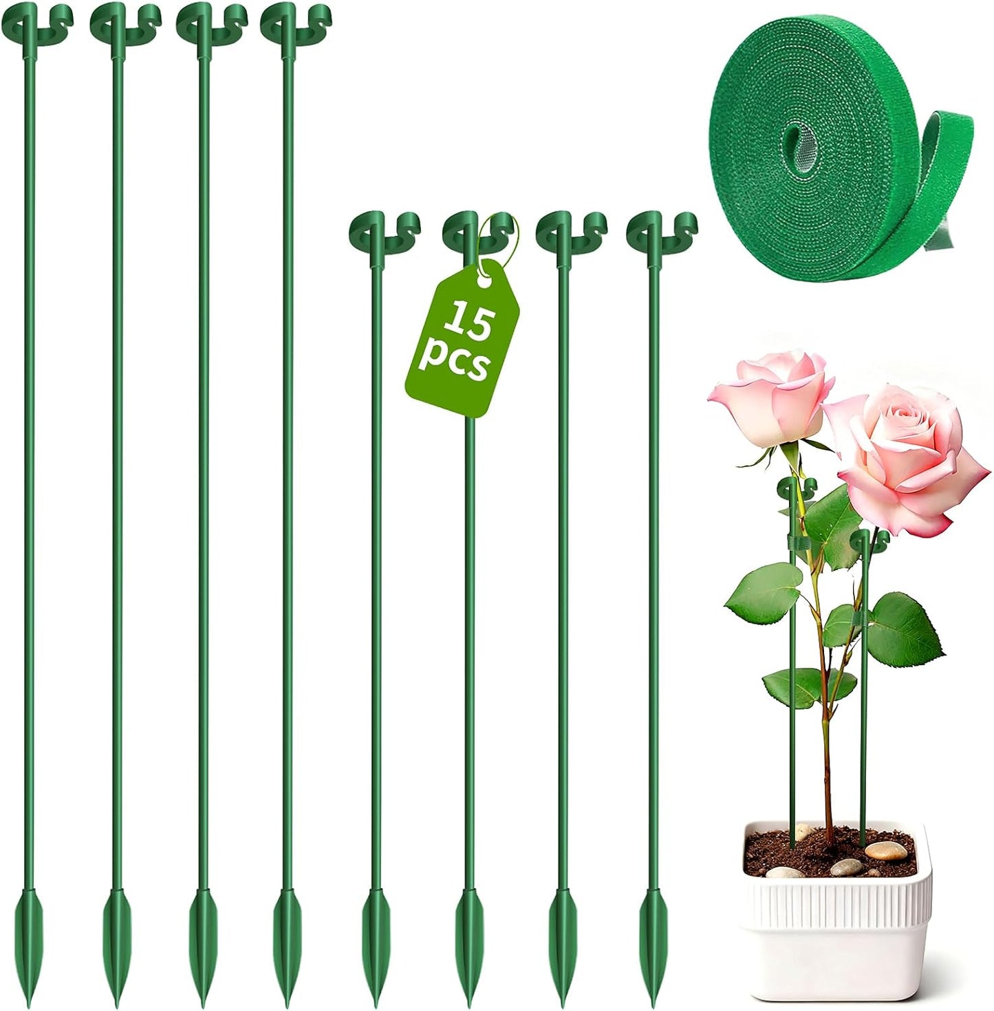 Fiberglass Plant Stakes 15-Pack - 10.8" & 14.6" Plant Support Sticks for Potted Plants, Veggies & Vines | Adjustable Stem Clips | Garden Stake for Tomatoes, Cucumbers, Climbing Flowers