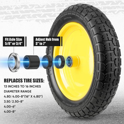 TICONN 4.80/4.00-8 Tire, 16" Flat Free Wheelbarrow Tire and Wheel, Solid Replacement Tires with 3" Centered Hub, 5/8" 3/4" Bearings, Universal Fit 4.80/4.00-8, 3.50/3.00-8, 4.00-6 (Yellow)