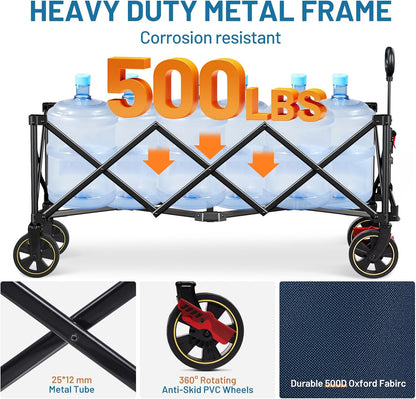 TIMBER RIDGE 51.2'' Extended Collapsible Wagon Cart with Brakes and Cargo Net, 500LBS Heavy Duty Foldable Utility Wagon with Adjustable Handle, 400L Capacity Portable Cart for Camping Sports Shopping