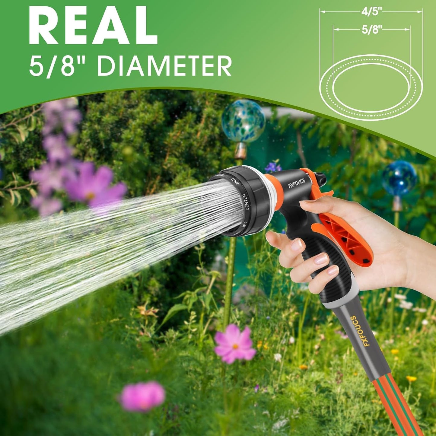 Heavy Duty Garden Hose – 5/8 Inch Flexible, Lightweight Hybrid Hose with 600 PSI Burst Pressure, Swivel Handle, and Durable Copper Male/Female Fittings (Orange with hose sprayer, 100FT)