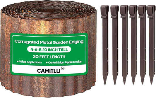 Corrugated Metal Garden Edging,Sturdy Tall Landscape Edging Borders with 6pcs Anchor Stakes, Perfect DIY for Flower Beds, Lawn and Pathway,Tree Surrounds,Paver Edges (Pre-Rusted 10"×20FT)