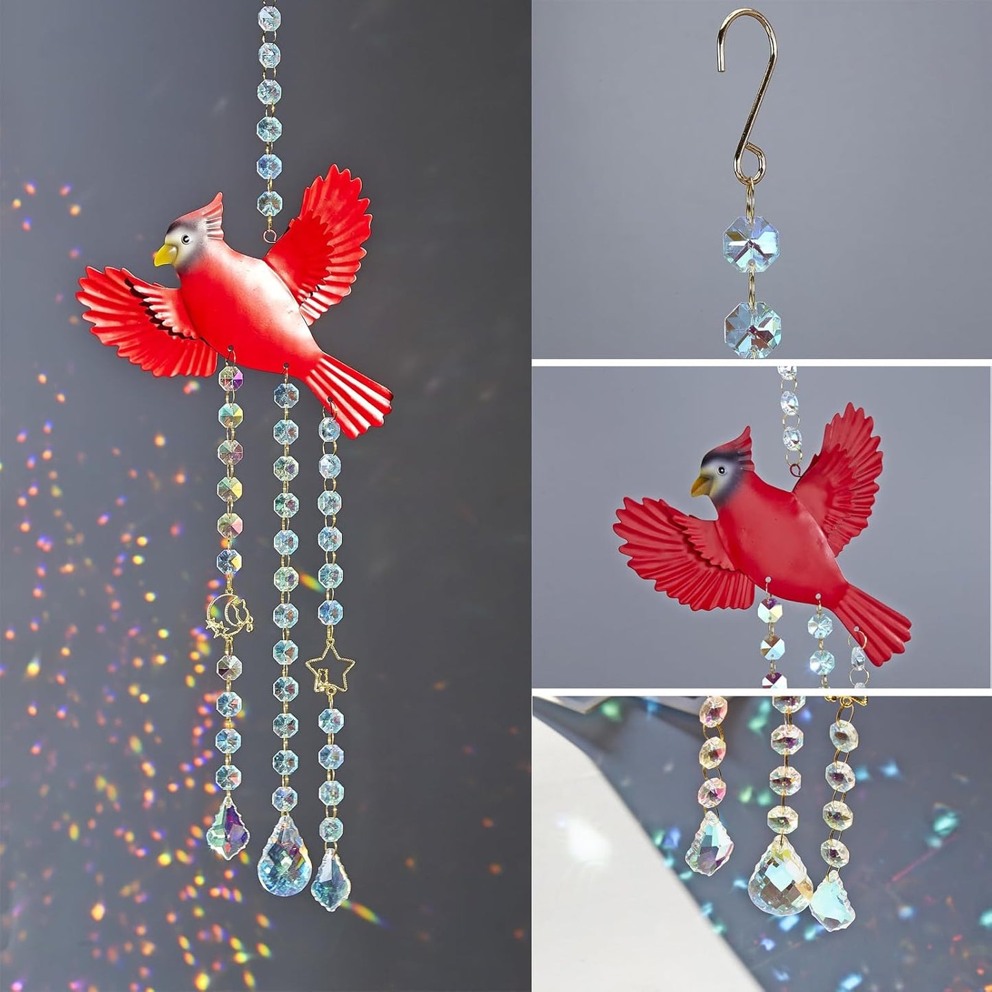 Red Cardinal Crystal Sun Catcher-Stained Glass Window Hanging Ornament with Rainbow Prism, Memorial Gift for Women, Handmade Bird Decor for Home Garden, Christmas Valentine Gift for mom(Red B)