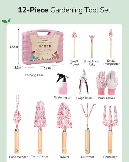 12-Piece Womens Gardening Tools Gift Set, Rust-Proof & Heavy-Duty Garden Tools with Durable Carrying Case, Fashionable & Thoughtful Gardening Gifts for Women&Men (Pink)