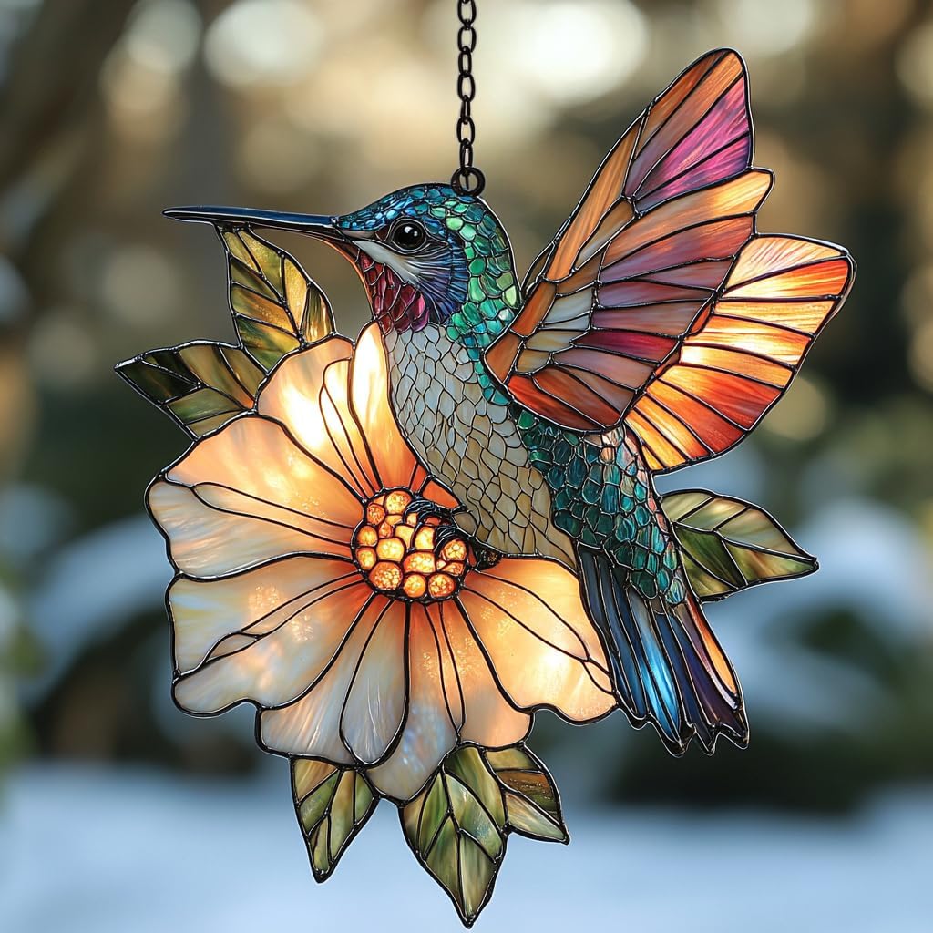 Hummingbird Mosaic Style Acrylic Suncatcher Stained Glass Effect Window Car Hanging Christmas Ornament Indoor Outdoor Decor Garden Sun Catcher Panel for Hummingbird Lover for Women Mom Grandma