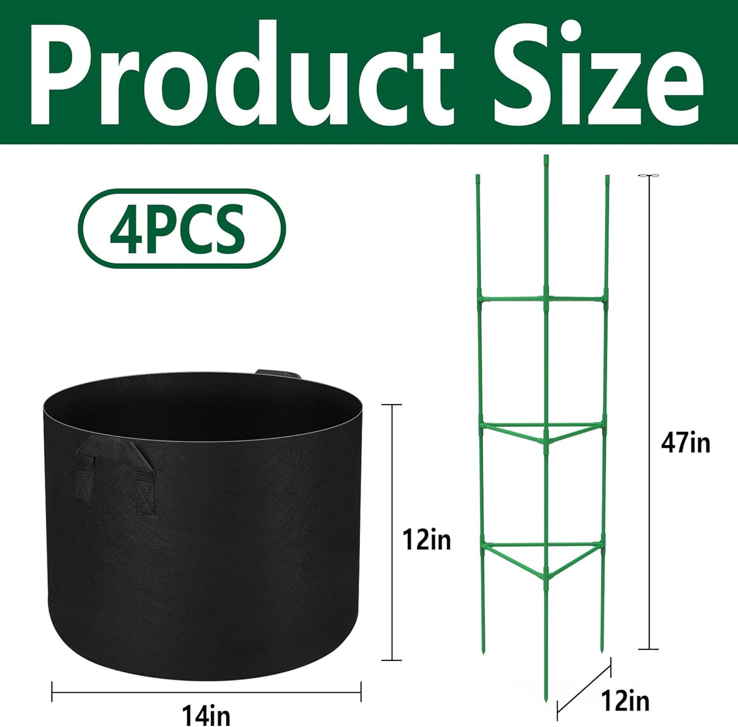 4 Packs 47 x 12 Inch Garden Tomato Cages with Grow Bags- Triangle Plant Support Trellis Assembled with Planter Bags- Garden Cucumber Vegetables Frames for Vertical Climbing Plants