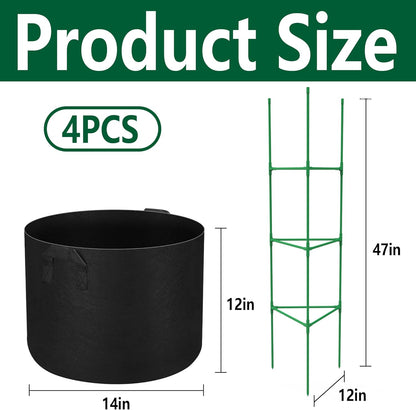 4 Packs 47 x 12 Inch Garden Tomato Cages with Grow Bags- Triangle Plant Support Trellis Assembled with Planter Bags- Garden Cucumber Vegetables Frames for Vertical Climbing Plants