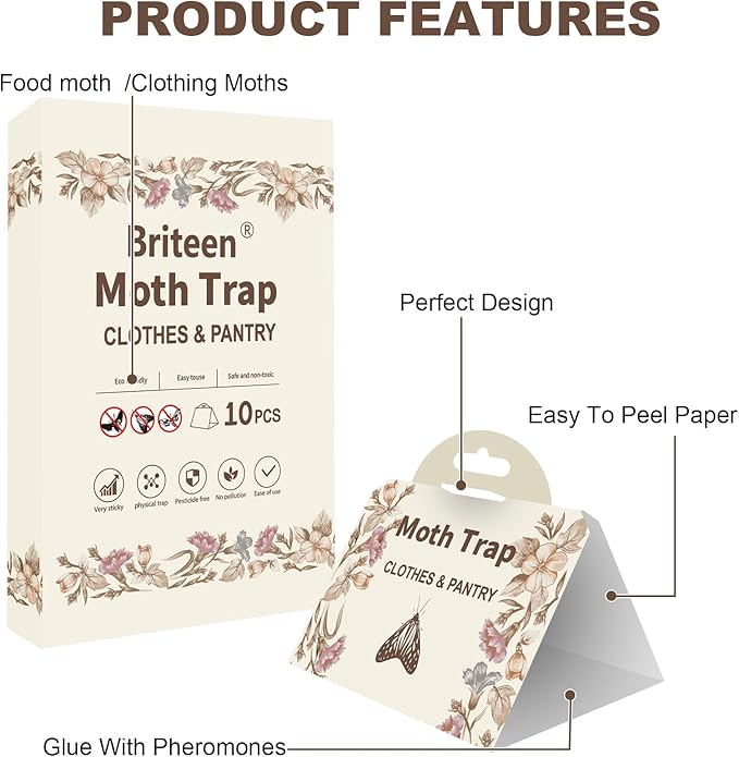 Pantry Moth Traps 10-Pack Safe and Effective for Food and Clothing- Glue Traps with Pheromones for Wool Closet Carpet Food and Cupboard K01