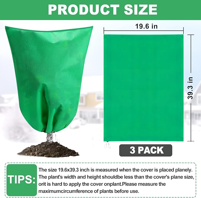 3 Pack Winter Plant Covers Freeze Protection, 19.6" x 39.3" Frost Blankets for Outdoor Plants with Drawstring, Tree Covers Bags Shrub Covers for Winter Cold Weather, Rose Bush Cover for Winter