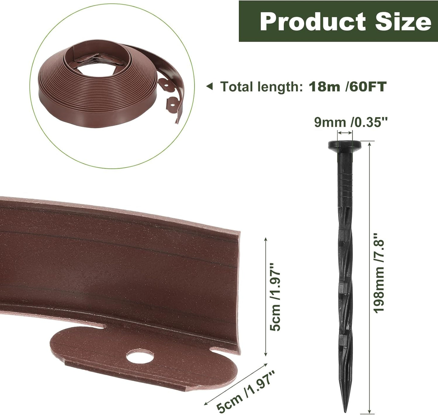 uxcell Landscape Edging, 1Pcs 60FT x 2" - No Dig Garden Edging Kit with 54 Stakes, Landscape Edging Border for Garden Lawn Flower Bed Yard Grass (Brown)