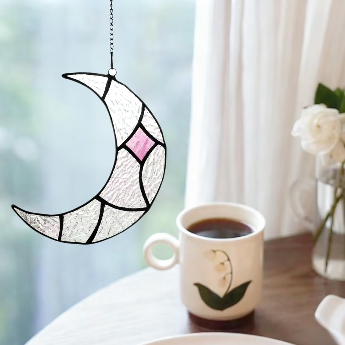 Moon Stained Glass Window Hanging Suncatchers，Handcrafted Art Glass Crescent Moon Decorations Indoor Window Gift for Women, Christmas,Thanksgiving (Silver)