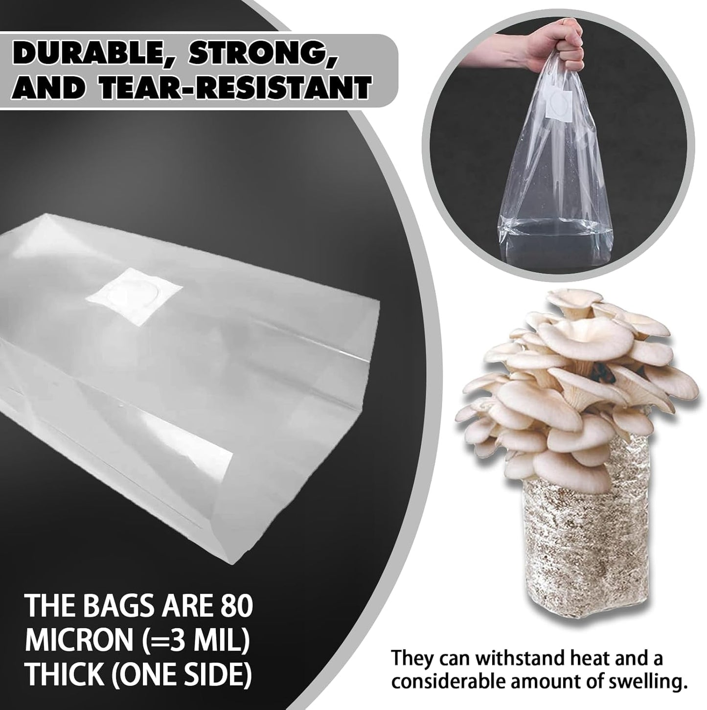 TonGass 60-Pack Autoclavable Mushroom Grow Bags Bulk with Microporous Filter Patchs - Large 6"x5"x20" Extra Thick 80 Micron (=3 Mil)| Mushroom Cultivation Spawn Supply Myco Bag Bulk Substrate Bags
