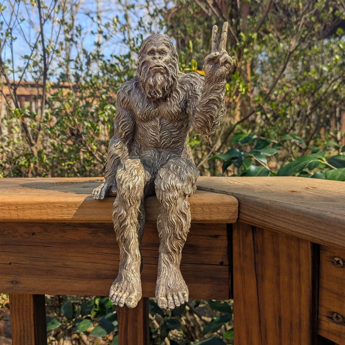 John Bernard & Company Bigfoot Peace Sign Decorative Sasquatch Yeti Statue/Figurine Indoor/Outdoor Sculpture for Patio, Deck, Home, Office 10 in H Shelf Sitter Figurine (Stonewash)