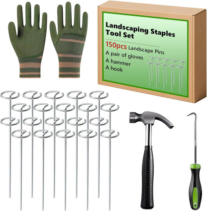Landscape Fabric Pins, 150 Pack 6-Inch G-Shaped, Garden Galvanized Stakes, Hammer and Gloves Pair, Rust-Resistant Garden Pins for Securing Weed Barrier Fabric, Ground Cover, Irrigation Tubing