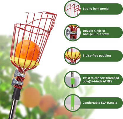 8FT Fruit Picker with Large Basket Telescoping Fruit Picker Pole Foam Padding Prevents Bruising Suitable for Apples Mangoes Pears Oranges Avocados, Red (Pole Included)