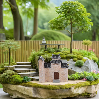 DECHOUS 10Pcs Miniature Village House: Resin Miniature Fairy Garden Houses with Chinese Stone Lion Statue - Micro Landscape Cottage Ornaments Kit for DIY Garden Bonsai Terrarium