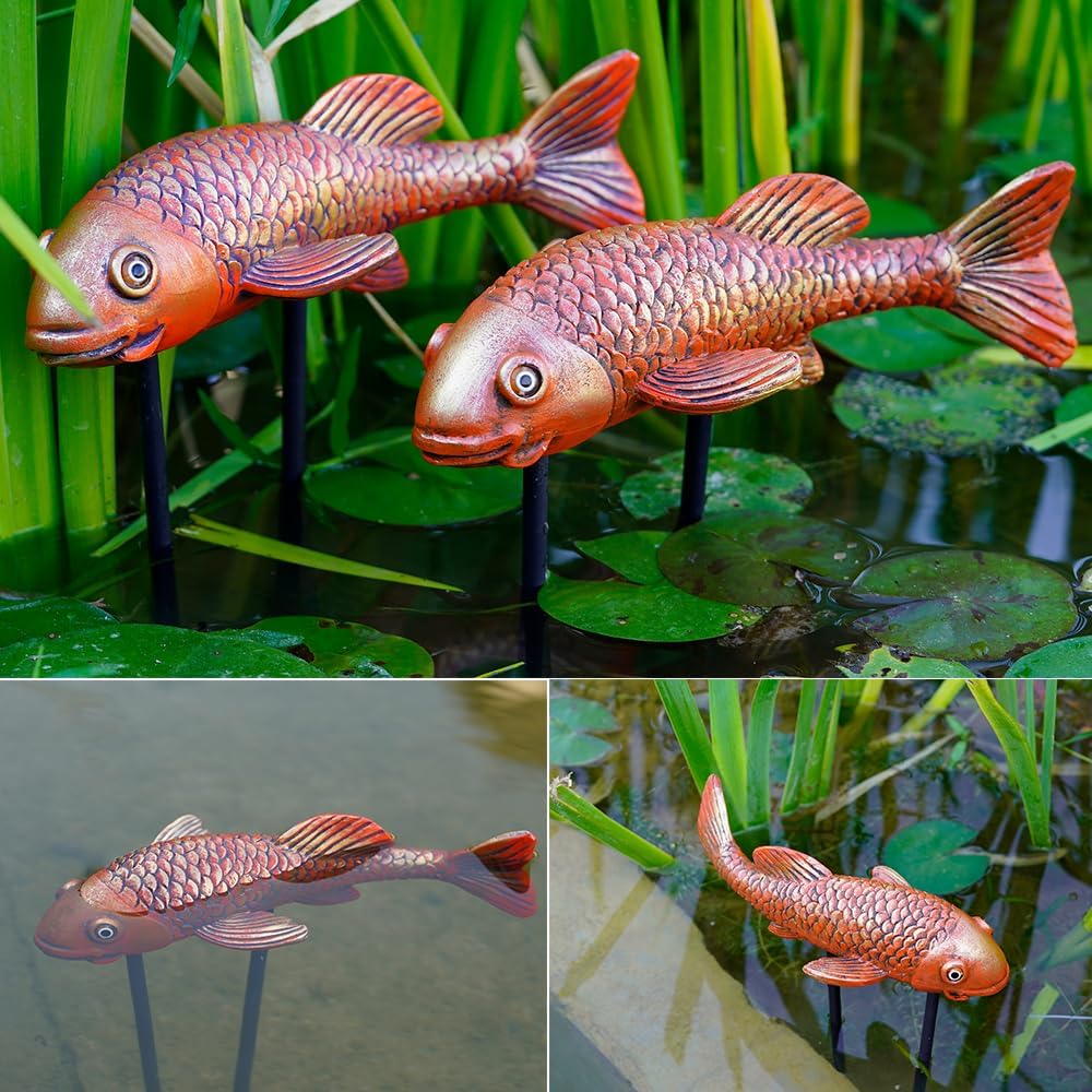 Antique Ceramic Koi Fish Garden Statues - Set of 2 | Exquisite Fish Sculptures for Outdoor, Patio, Pond, and Garden Decorations (Brassy)