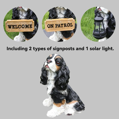 Cavalier King Charles Spaniel Outdoor Dog Statue with Reversible “Welcome/ON Patrol” Hanging Plaque and Solar Porch Lantern, Black & White Sitting