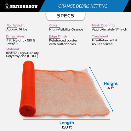 Sandbaggy Fire Resistant Debris & Safety Netting | Orange Construction HDPE Mesh (75, 4 ft x 150 ft)