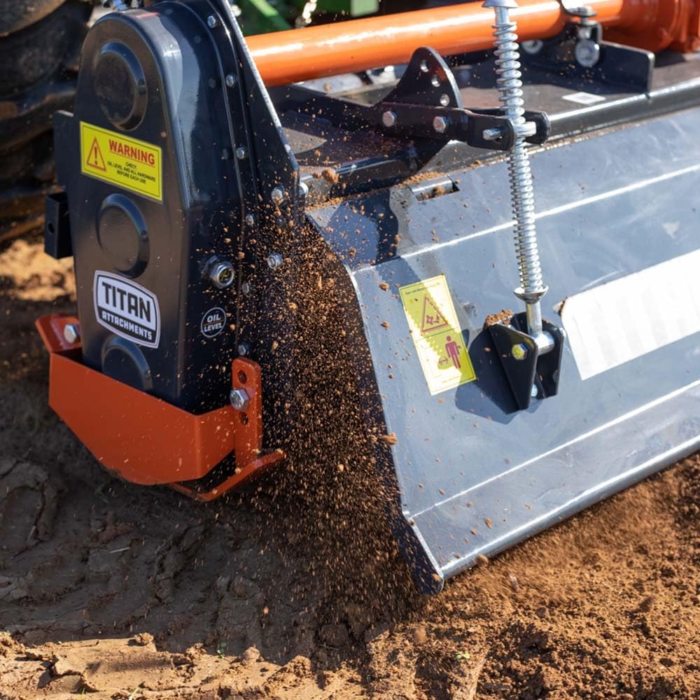 Titan Attachments 3 Point 72" Rotary Tiller Attachment Fits Cat 1 Tractors, Charcoal Finish, Single Speed PTO Driven Cultivator with a 540 RPM Gearbox, Replaceable L-Shaped Tines Work 5" Deep