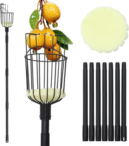 Fruit Picker Pole with Basket - 8.43FT(257CM) Adjustable Tree Gardening Supplies with Stainless Steel Handle Apple Picker Fruit Grabber Reach Tool for Mango Pear Orange Avocados Fruit Picking, Black