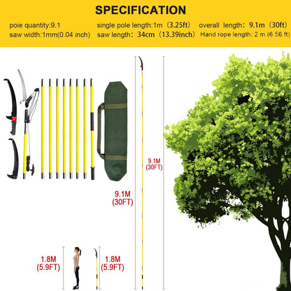 30Ft Tree Pole Pruner, 2025 Upgraded Spring Manual Branches Trimmer for Garden Tools Loppers Hand Pole Saws Extendable Height with Knives and Storage Pocket