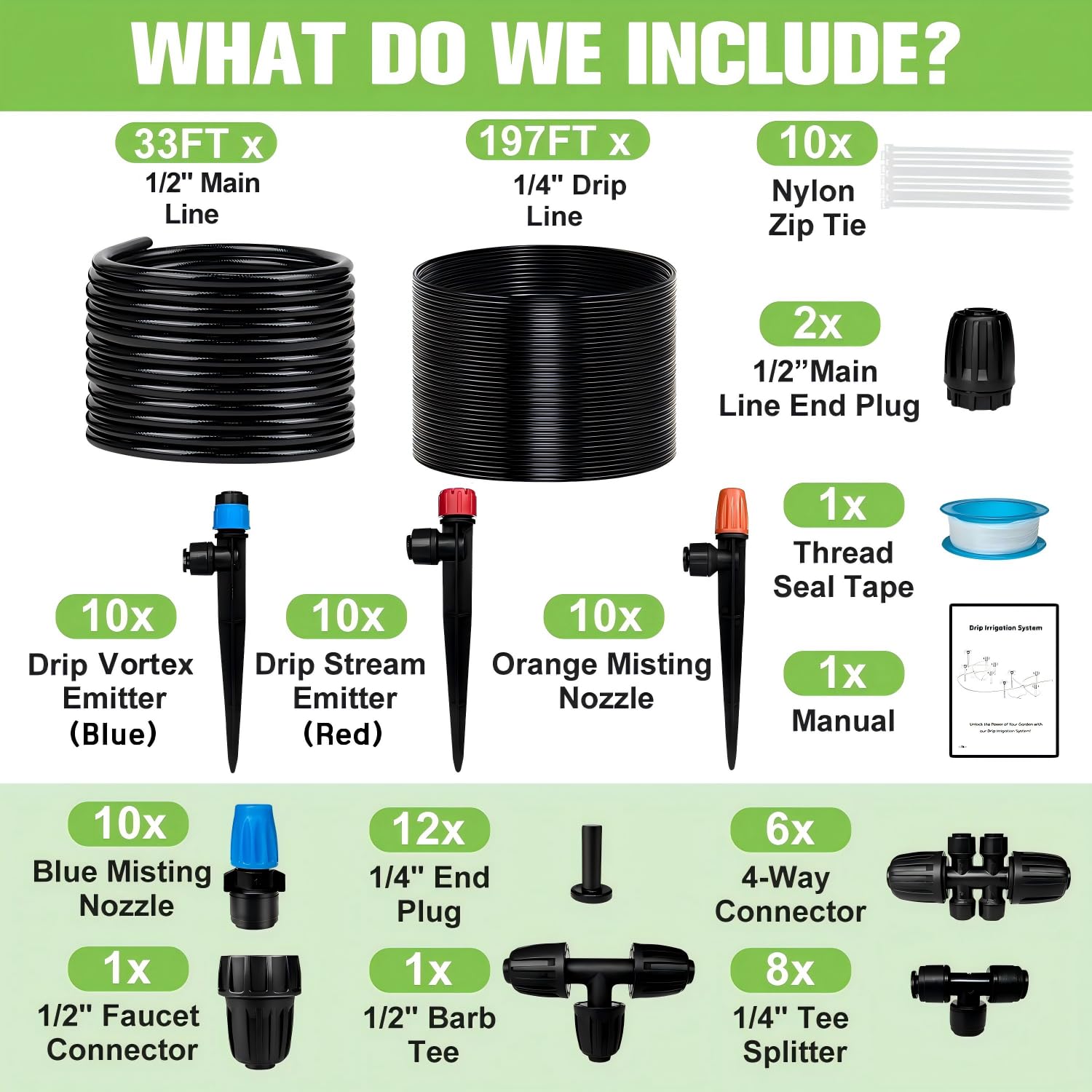 TJJFMM 230FT Drip Irrigation System for Garden with 40 Nozzles & Emitters, Garden Watering System
