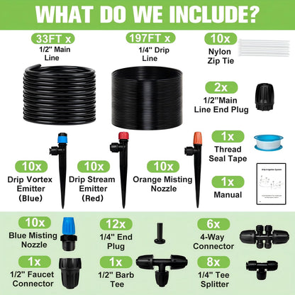 TJJFMM 230FT Drip Irrigation System for Garden with 40 Nozzles & Emitters, Garden Watering System