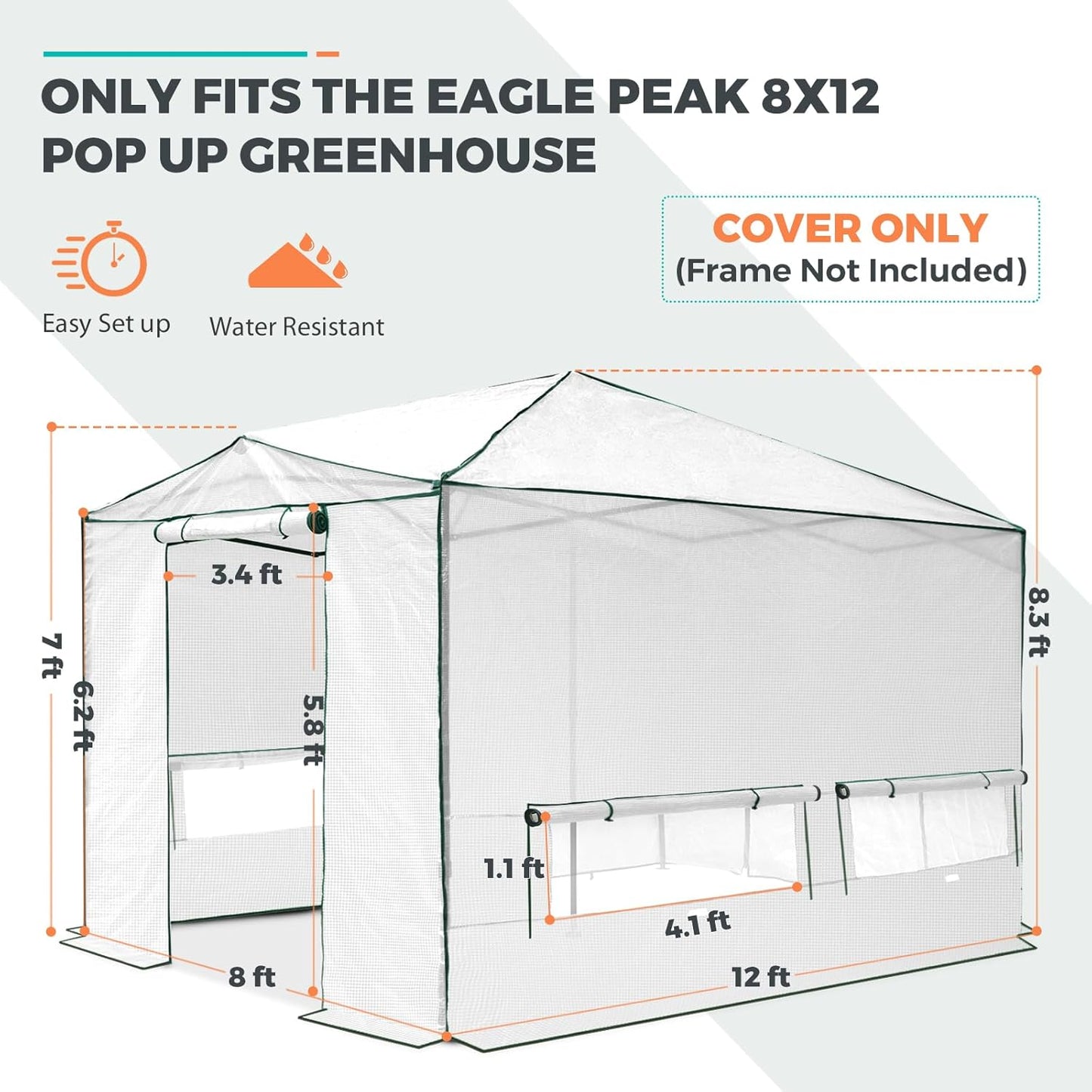 EAGLE PEAK Replacement Cover for 12x8 Portable Walk-in Pop up Greenhouse, Front and Rear Roll-Up Zipper Entry Doors and 4 Large Roll-Up Side Windows (Frame Not Included), White