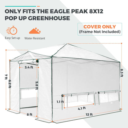 EAGLE PEAK Replacement Cover for 12x8 Portable Walk-in Pop up Greenhouse, Front and Rear Roll-Up Zipper Entry Doors and 4 Large Roll-Up Side Windows (Frame Not Included), White