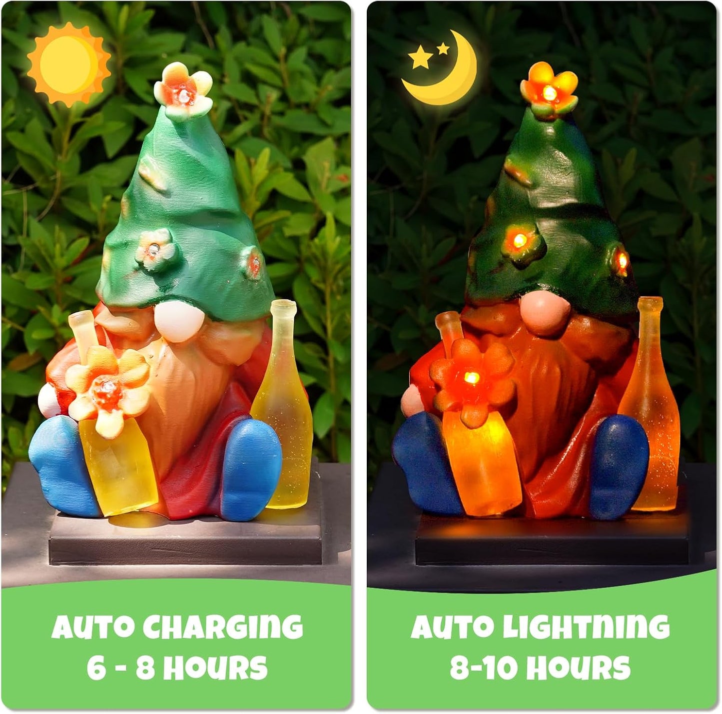 Solar Garden Statues Lights, 8.5" Cute Outdoor Gnome Figurine with Auto On/Off for Yard Patio Decor, Gifts for Women, Grandma, Mom, Housewarming (Tipsy Bloom Gnome)