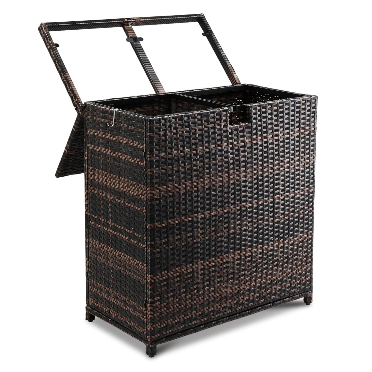 VINGLI 72 Gallon Outdoor Trash Can with Convenient Lid, Rattan Garbage Container with Side Hook, Weatherproof Patio Trash Can for Graden, Yard, Patio, Brown
