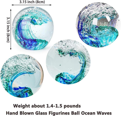 Decorative Crystal Ball Figurines Ocean Waves Paperweight Blown Glass Decor Sea Art Ocean Lovers Gift Blue Green 3.15"