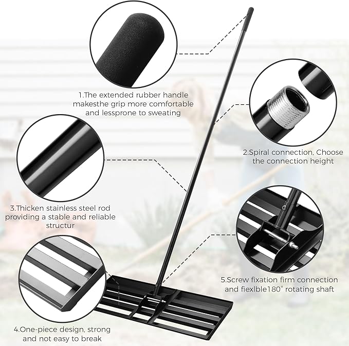 Lawn Leveling Rake 30''x10'' , Lawn Leveler Tool with 78'' Stainless Steel Handle Rakes, for Backyard, Garden, Golf Course, Farm, Pasture, Lawns Heavy Duty Landscape Rake