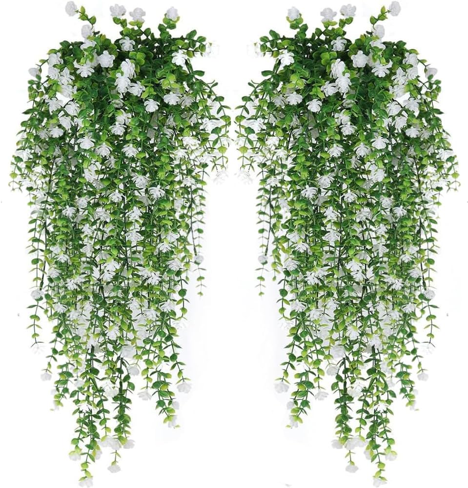 WEISPARK Artificial Hanging Flowers, 4pcs Fake Eucalyptus Vine Faux Flower Greenery Garland Plastic Plants for Indoor Outdoor Wall Garden Wedding Home Party Decor (White)