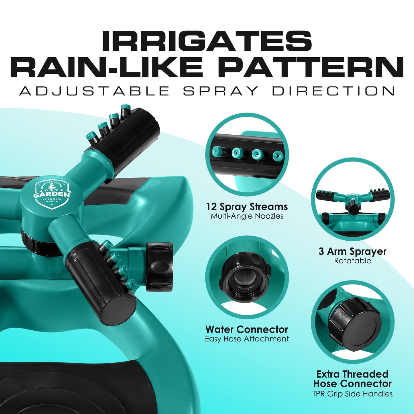 Joeys Sprinkler for Yard, Rotating Garden Sprinkler with 3 Adjustable Arms, Weighted Base