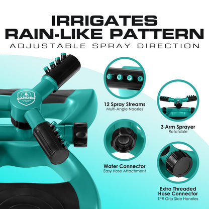 Joeys Sprinkler for Yard, Rotating Garden Sprinkler with 3 Adjustable Arms, Weighted Base