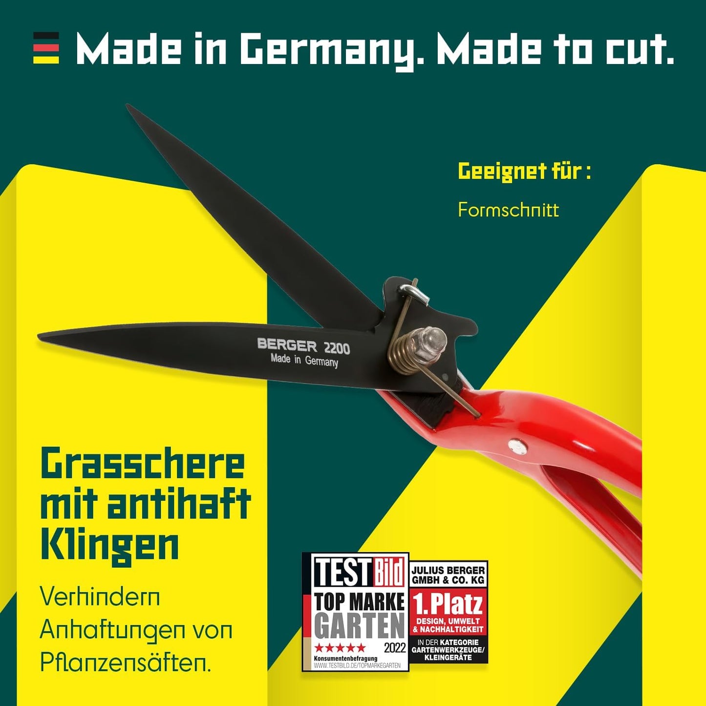 BERGER Commercial Grade Grass Shears, Self-Sharpening Steel Blades with Anti-Stick Coating, Forged Steel Body, Ring Clasp for Hanging Storage, 2200