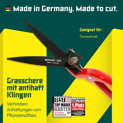 BERGER Commercial Grade Grass Shears, Self-Sharpening Steel Blades with Anti-Stick Coating, Forged Steel Body, Ring Clasp for Hanging Storage, 2200